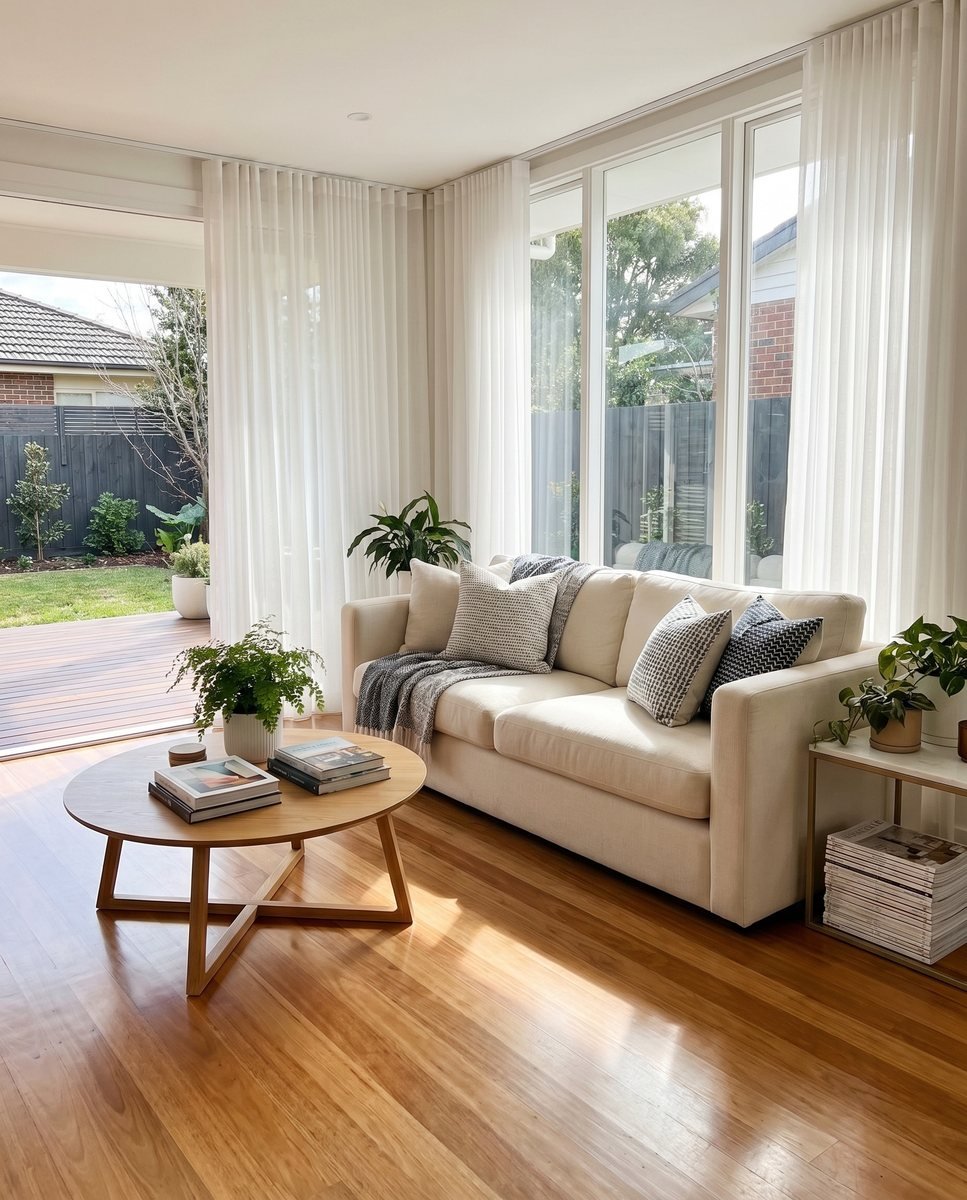 The same living room after cleaning, fresh and tidy